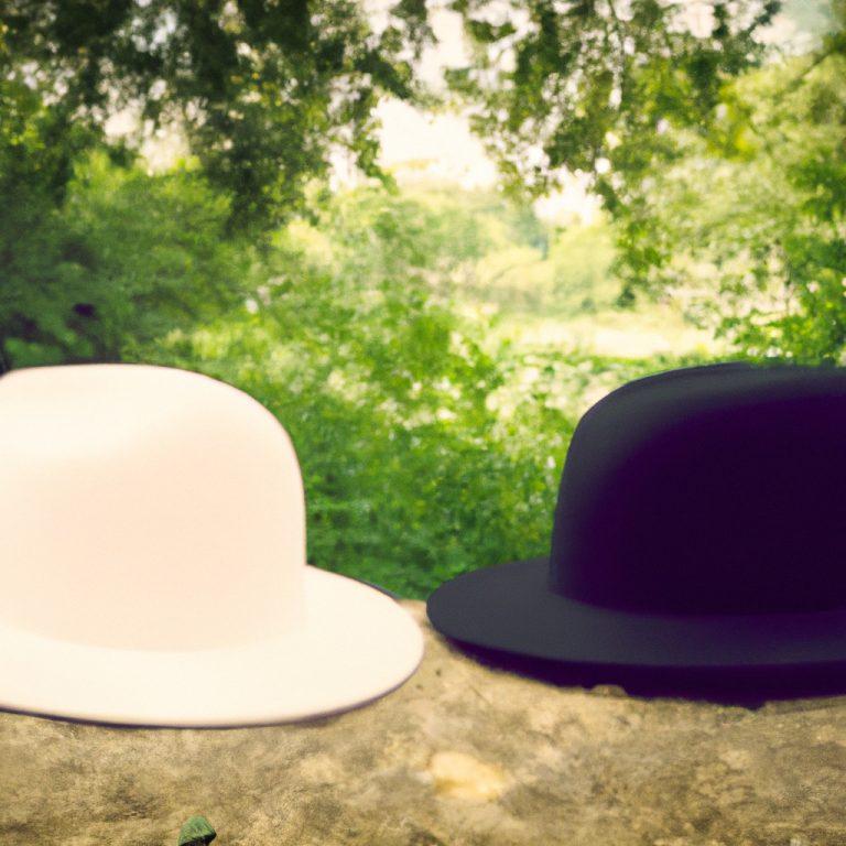 black hat and white hat  soft nature background  photorealistic
