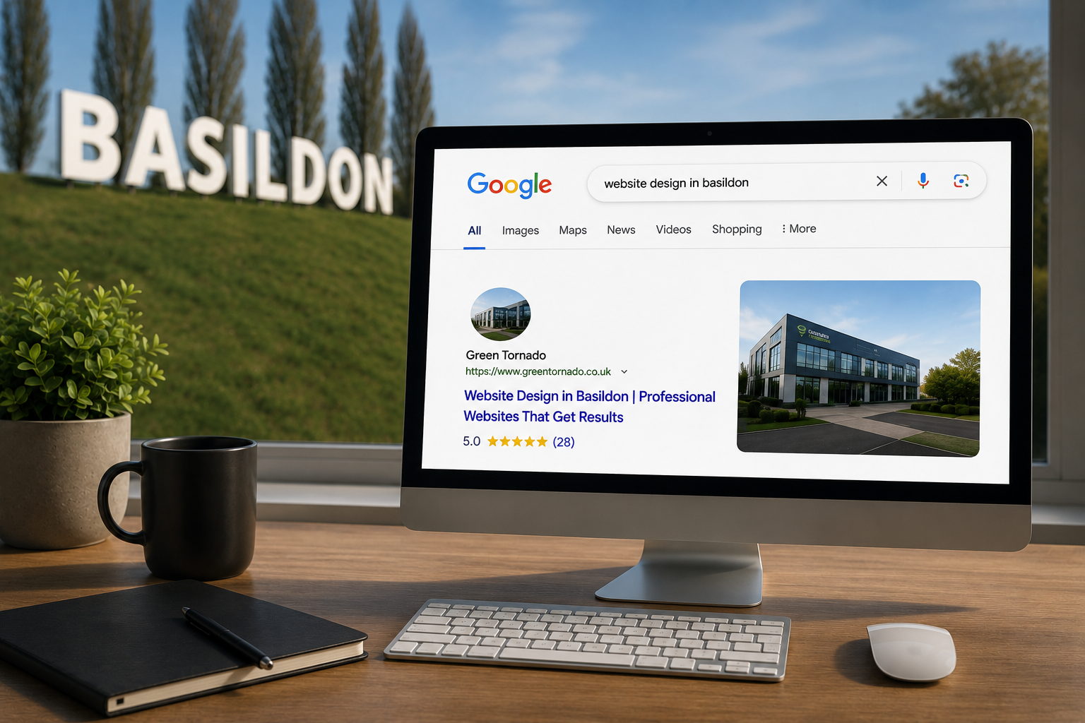 Alt text: Realistic office workspace with a desktop computer displaying Google search results for website design in Basildon, with the Basildon sign visible in the background to represent local SEO and web design