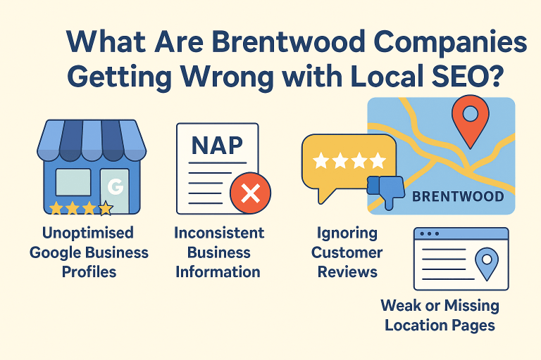 Infographic titled 'What Are Brentwood Companies Getting Wrong with Local SEO?' showing icons for unoptimised Google Business profiles, inconsistent business information, ignoring customer reviews, and weak or missing location pages with a Brentwood map pin