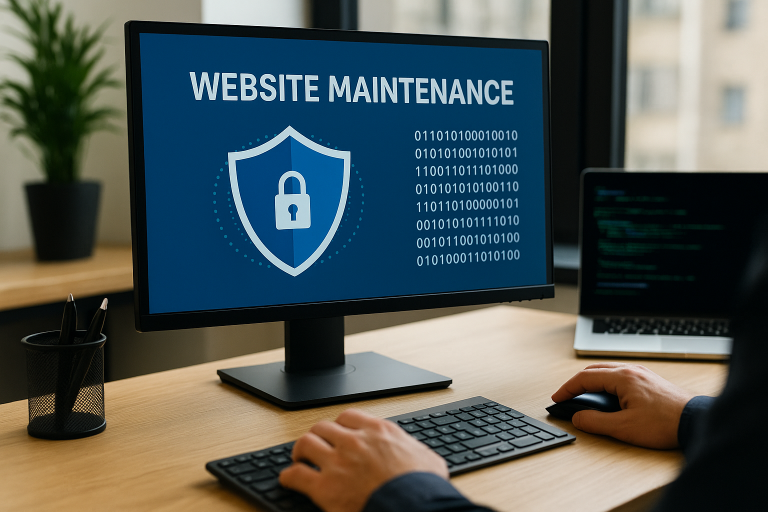 A realistic office scene showing a person managing website maintenance on a desktop computer with a blue screen displaying a padlock icon and binary code, symbolising cybersecurity and hacker protection