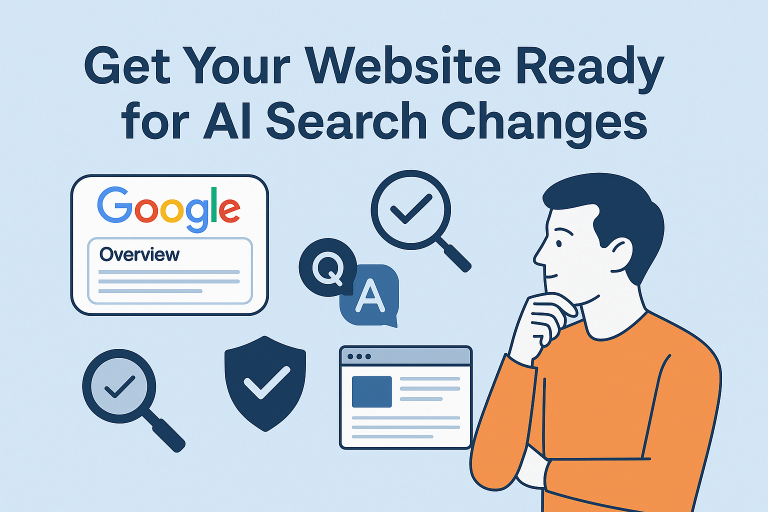 A landscape illustration showing a person analysing search updates with Google icons, AI overview panels, magnifying glasses and website elements to represent preparing a website for AI search changes.