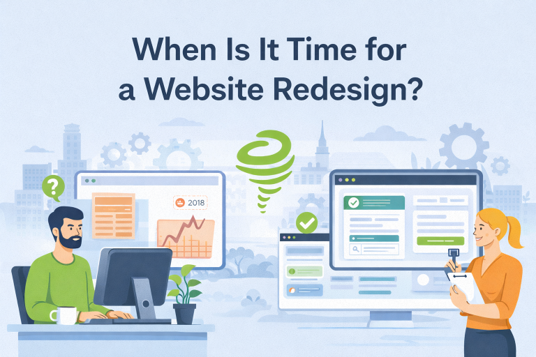 Landscape illustration showing an outdated website and a modern redesigned website side by side, with the Green Tornado logo in the centre to represent guiding businesses through a website redesign decision.