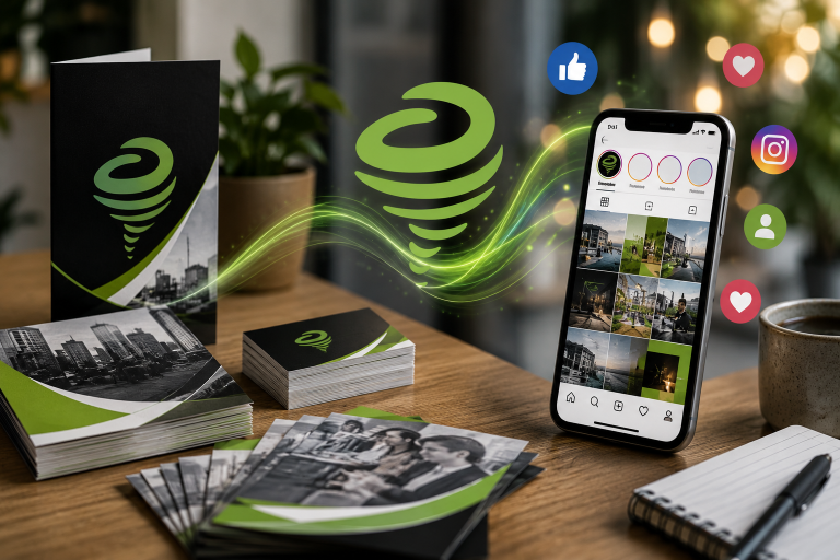 Realistic landscape image showing printed marketing materials and business cards alongside a smartphone displaying social media, representing how print and digital marketing work together for modern businesses.