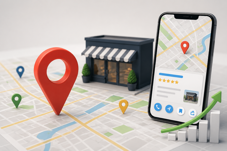 3D illustration of a business location map with a smartphone displaying a local business listing, map pins, storefront, and growth chart representing Google Business Profile management and local SEO.