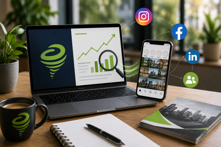Realistic office workspace showing a laptop with SEO analytics, a smartphone displaying social media content, and printed marketing materials, representing how social media and SEO work together for business growth.