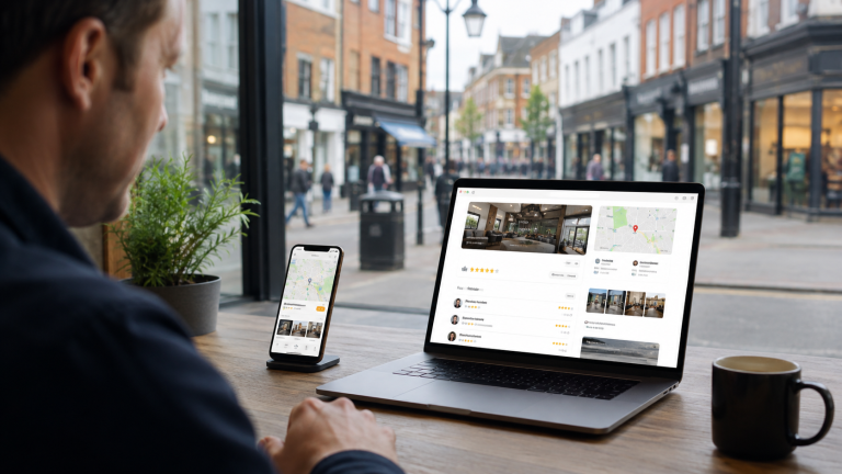 Realistic landscape image of a small business owner at a desk viewing a laptop with a business profile and star reviews, with a smartphone showing a map listing and a blurred British high street in the background.