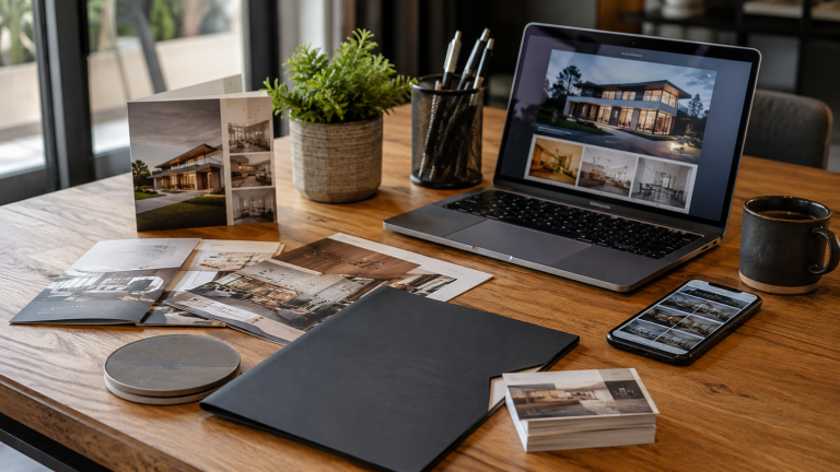 Realistic workspace scene showing printed brochures, leaflets, business cards and a presentation folder alongside a laptop and smartphone, illustrating how printed marketing and digital channels can work together for business promotion.