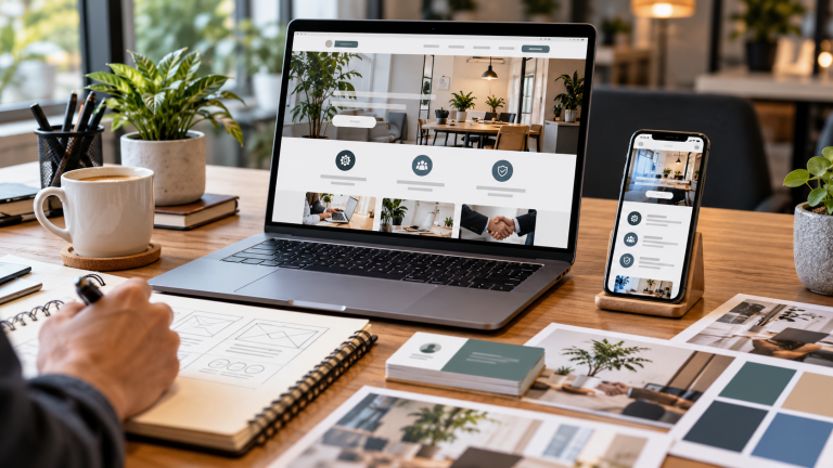 Small business website design shown on desktop and mobile, with planning sketches, branding materials and responsive web layouts on a modern workspace.