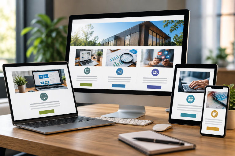 Responsive website displayed across desktop, laptop, tablet and mobile devices, showing clear individual service sections on a modern business website.