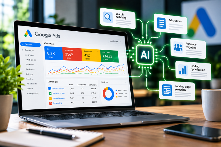 AI-powered Google Ads dashboard showing automated search matching, ad creation, audience targeting, bidding optimisation and landing page selection.