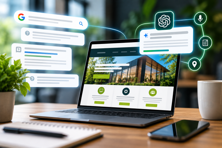 AEO and AI search concept showing a business website being understood by Google, ChatGPT and other answer-based search tools.