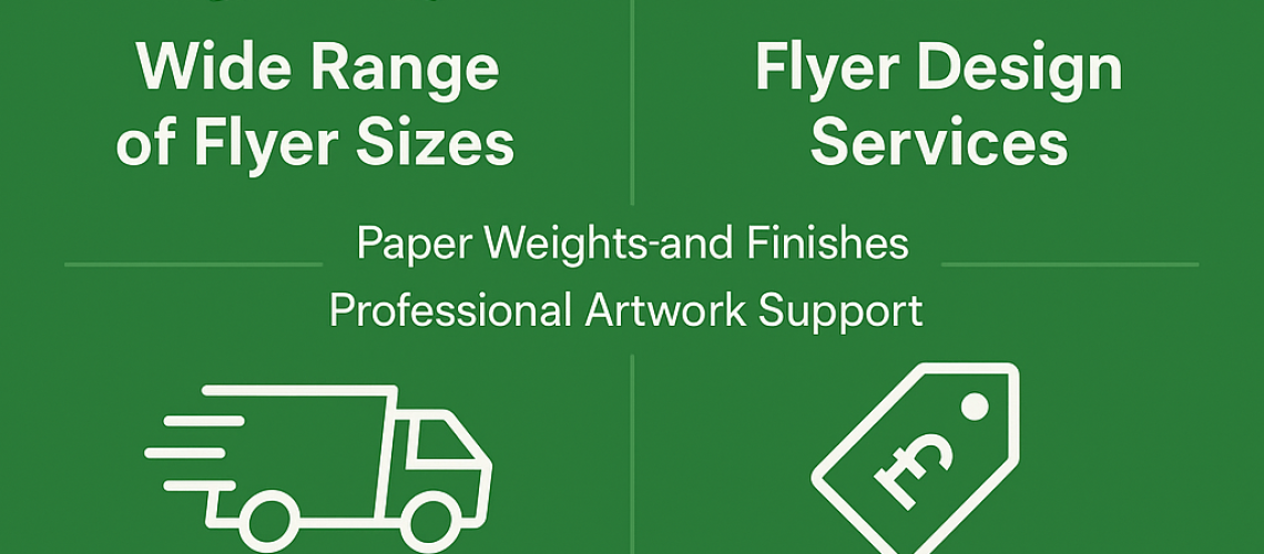 nfographic titled 'Flyer Printing in Brentwood' with four sections: Wide Range of Flyer Sizes with paper icon, Flyer Design Services with pencil icon, Fast Turnaround & Delivery with van icon, and Free Quote with price tag icon. Supporting text highlights paper weights, artwork support, nationwide shipping, and minimum order of 25