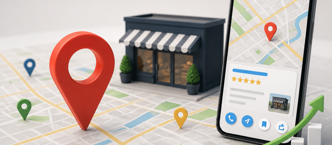 3D illustration of a business location map with a smartphone displaying a local business listing, map pins, storefront, and growth chart representing Google Business Profile management and local SEO.